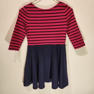 Polo Ralph Lauren Dress Girls 8/10 Medium Blue Flare Pink striped long sleeve